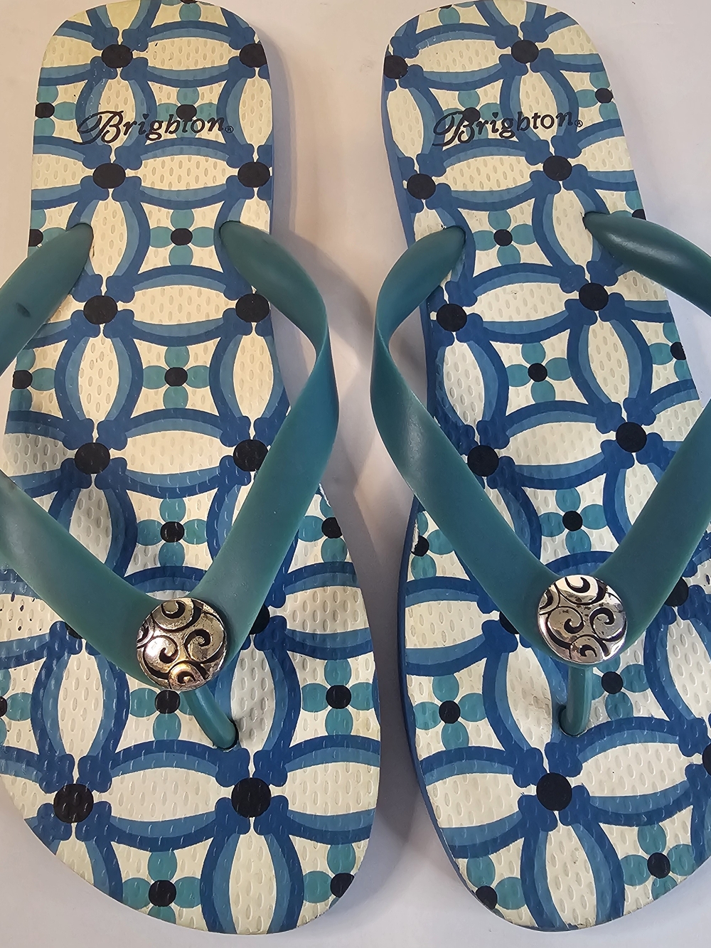 Brighton Teal Patterned Flip Flop Sandals With Silver Medalion